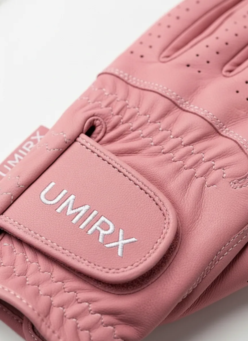 Logo on the wrist tab of a pink cabretta golf glove
