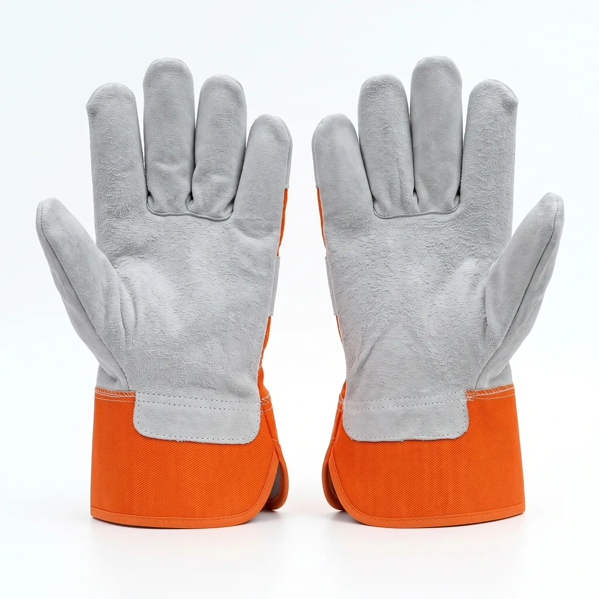 Pair of rigger gloves, palm side, grey split leather with orange safety cuffs