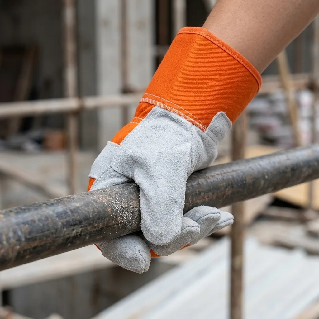 Hand in a rigger glove gripping a steel scaffold pipe