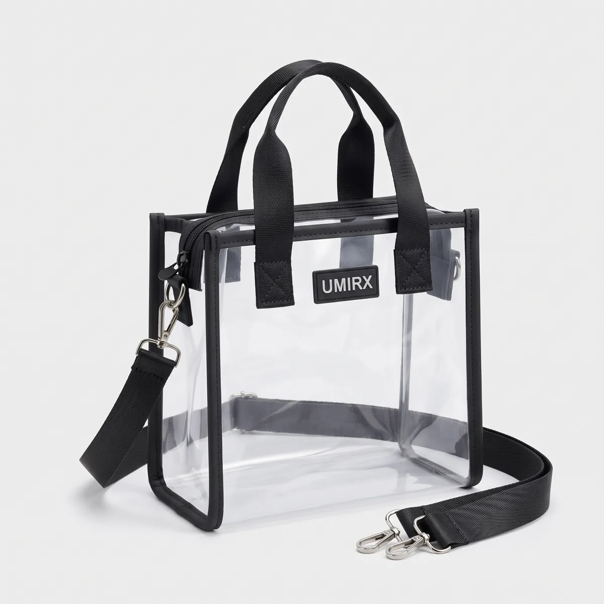 Clear tote bag with black handles