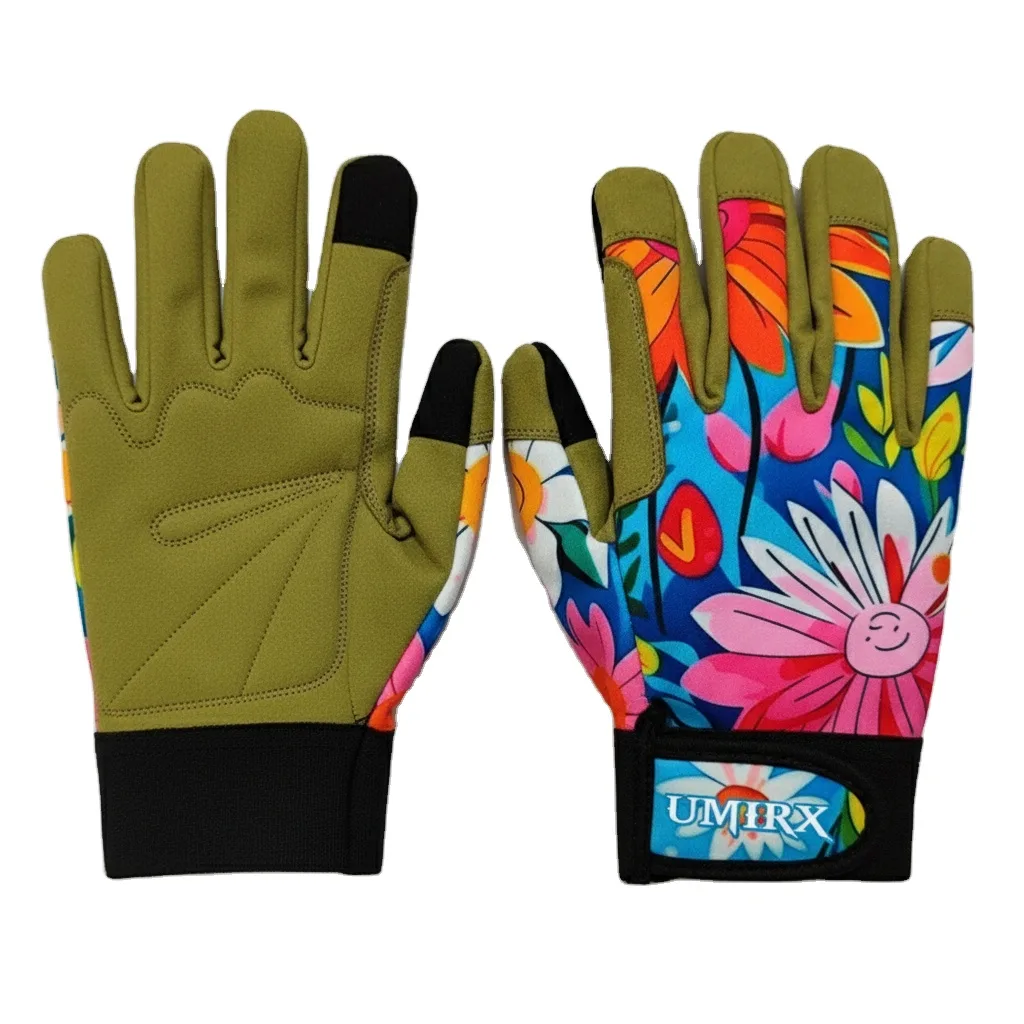 Floral gardening glove with a green microfiber palm