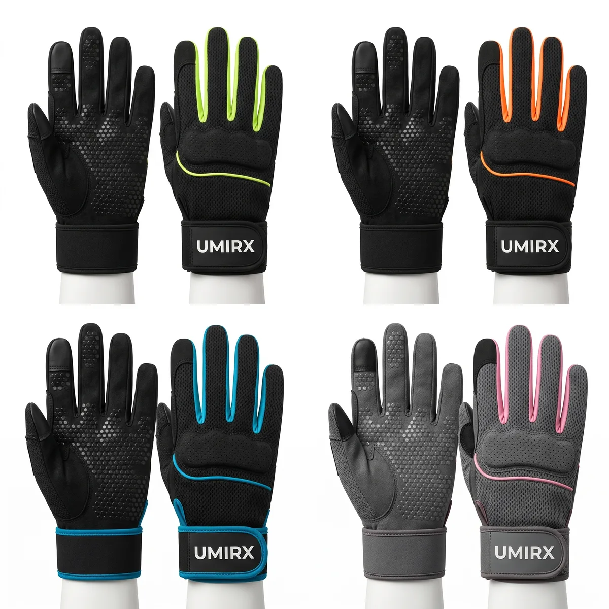 Black gym gloves with colour trim in green, orange, blue and pink