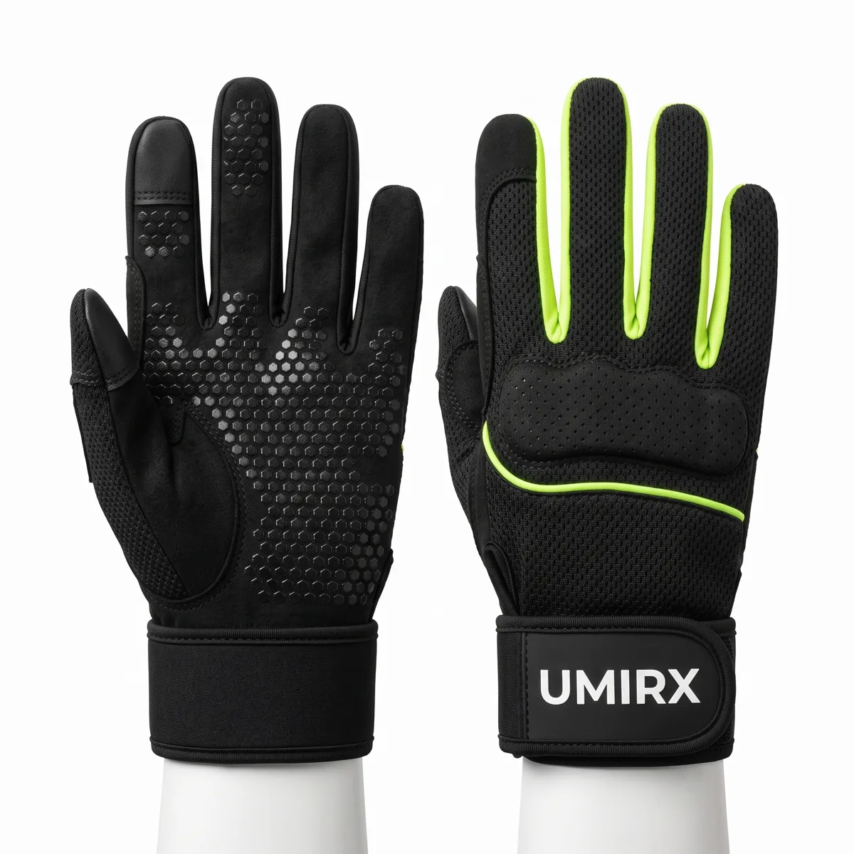 Pair of black pull-on gym gloves, one with green trim