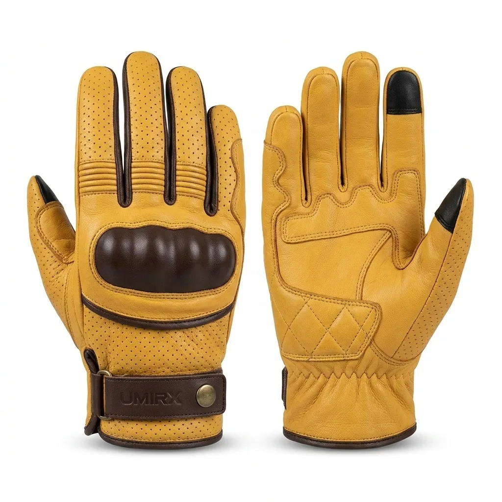 Pair of tan leather riding gloves with knuckle guards