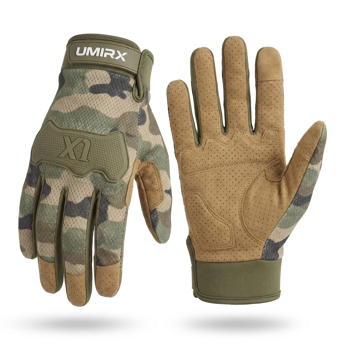 Camo printed tactical glove with a leather palm
