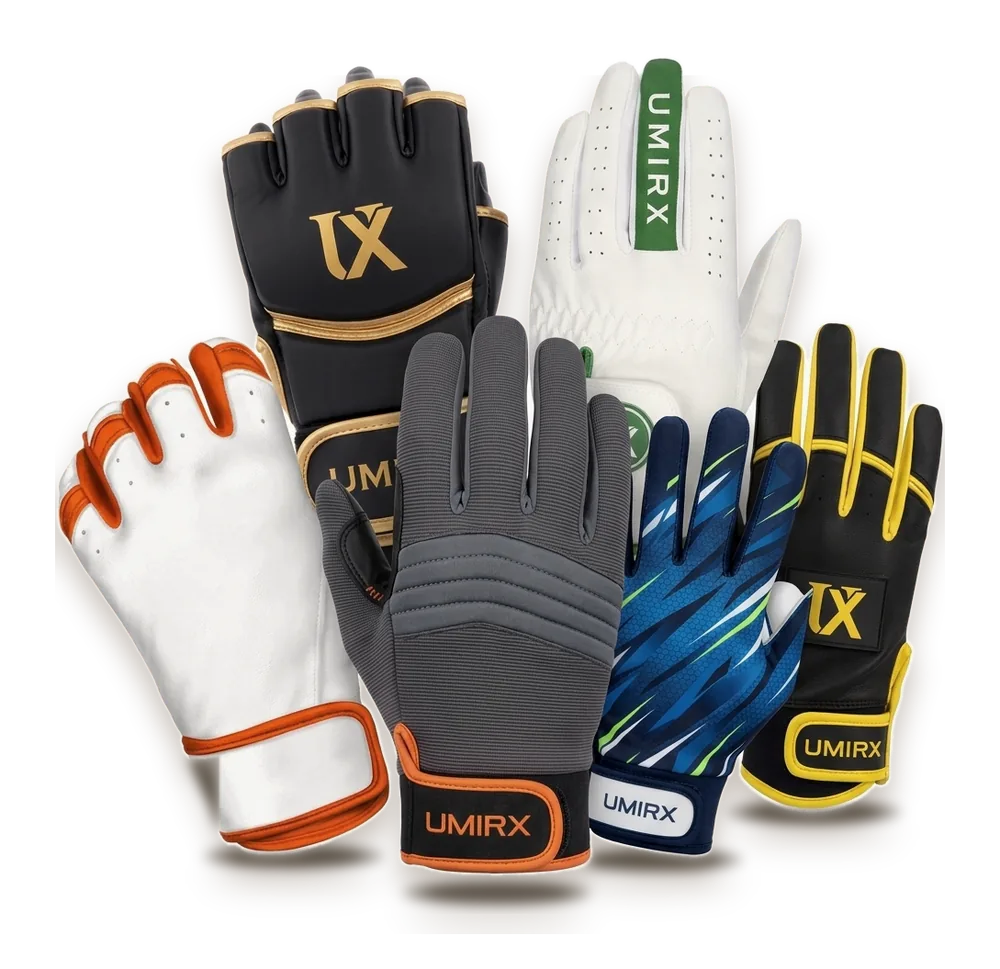 Six UMIRX gloves grouped together: tactical, MMA, golf, baseball, football receiver and batting gloves