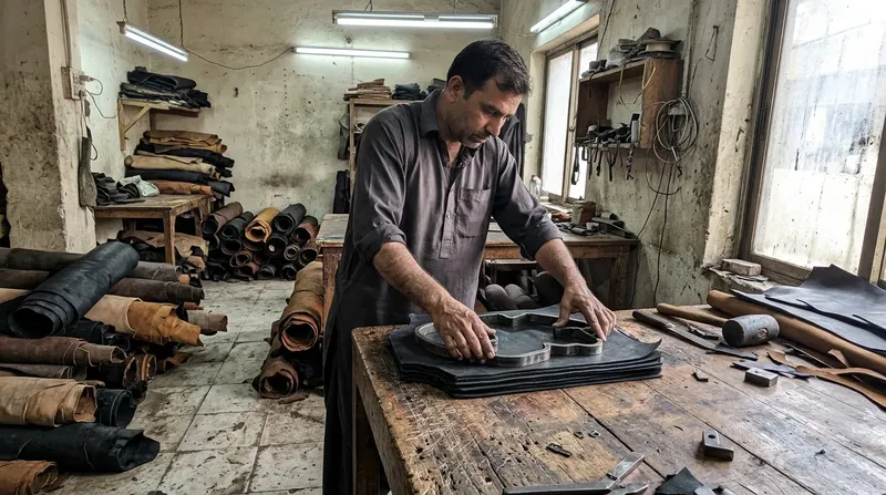 Cutting: Leather is cut with steel dies on the cutting table.