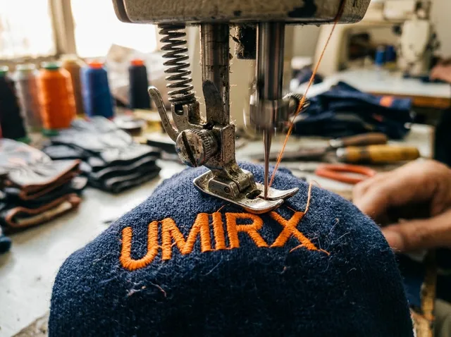 Embroidery machine stitching an orange logo onto a navy glove cuff
