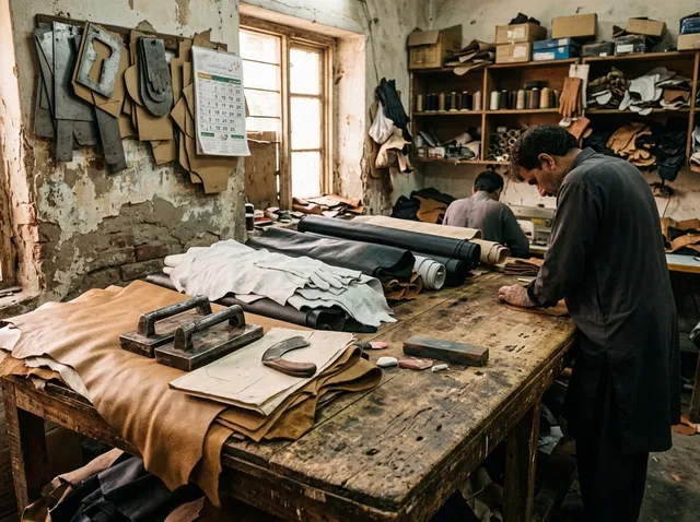 Leather hides and swatches on the cutting table