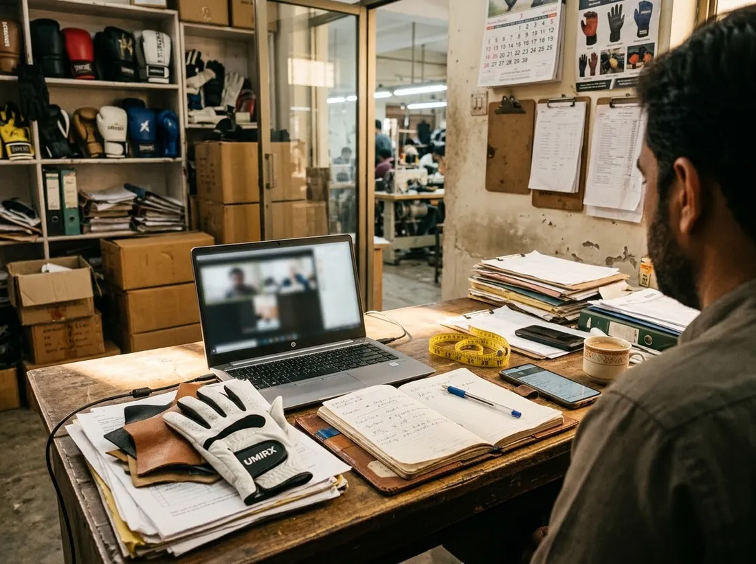 Merchandiser on a video call with a sample glove on the desk