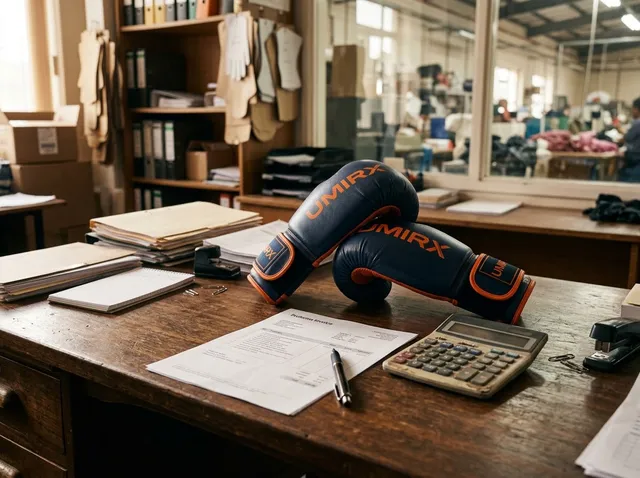 Calculator, invoice and a pair of boxing gloves on a desk