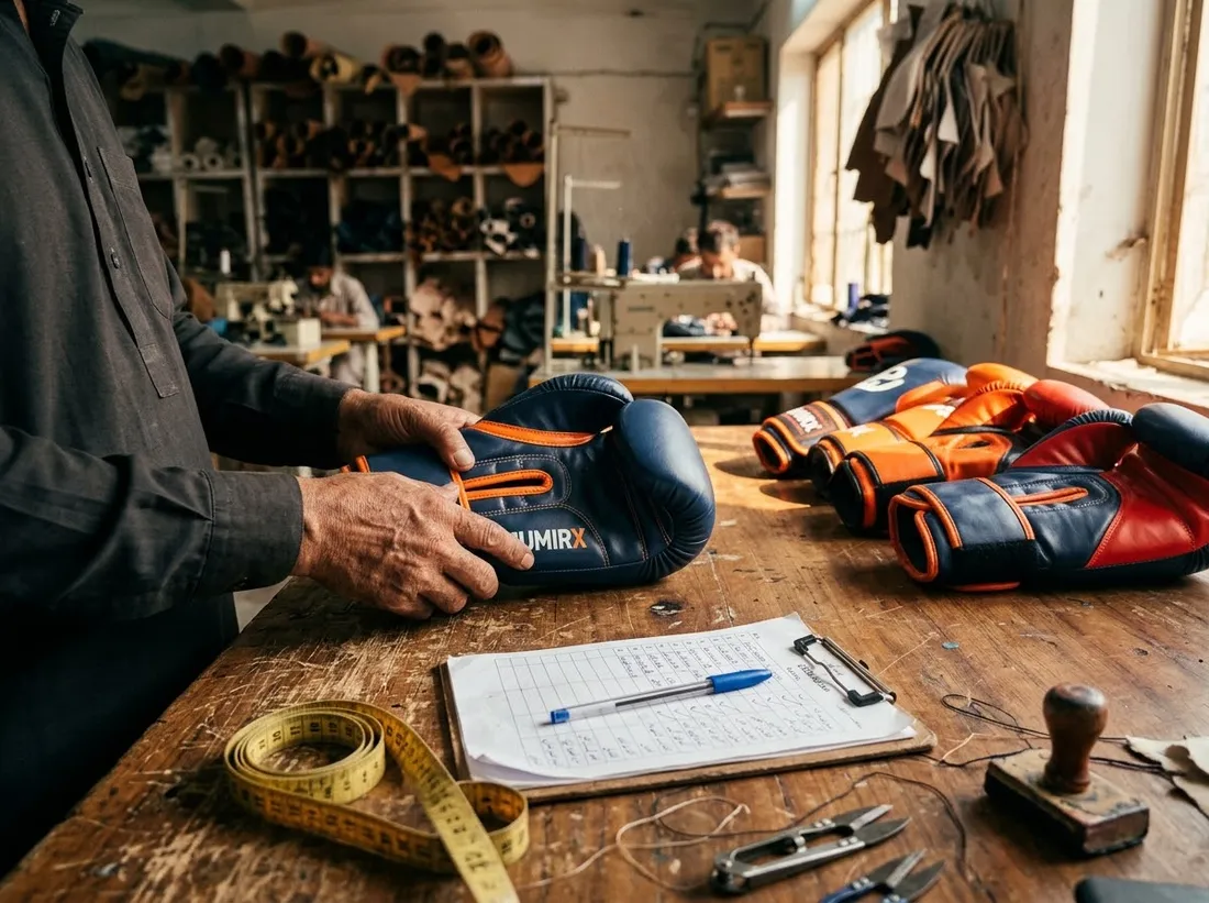 Inspector checking a finished boxing glove against a checklist and measuring tape