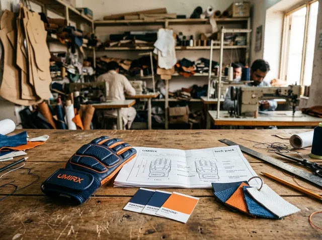Sample glove on a desk next to a tech pack sketch and colour swatches