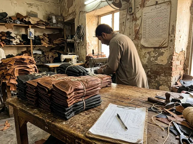 Bundles of finished gloves counted on a table with a production calendar behind