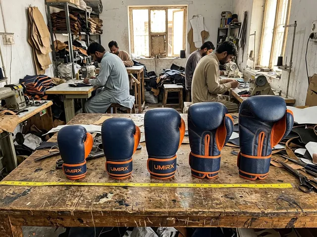 Boxing gloves lined up from small to large with a measuring tape