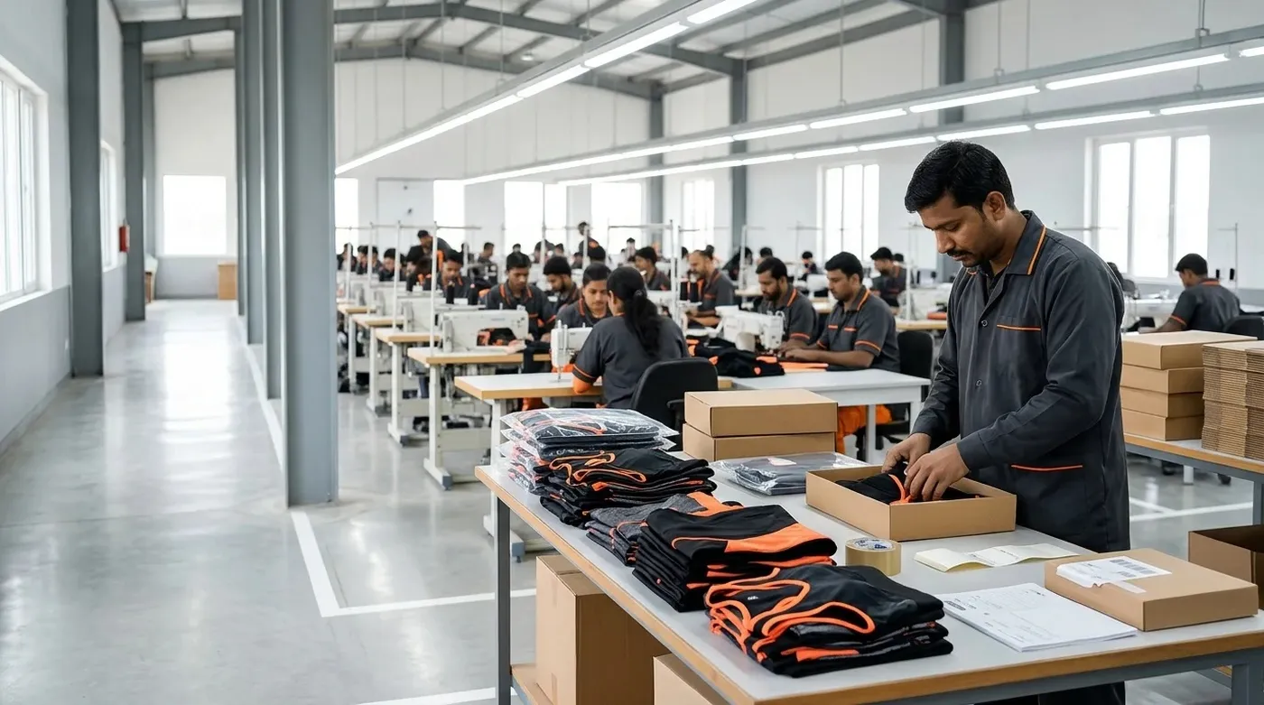 Worker packing folded black and orange sportswear into boxes