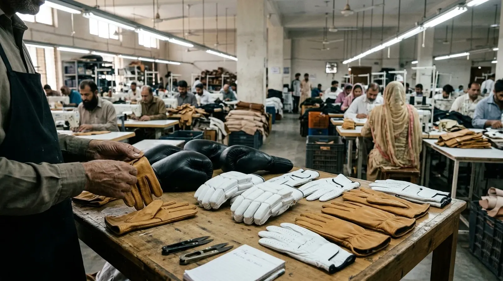 Leather gloves laid out on a work table