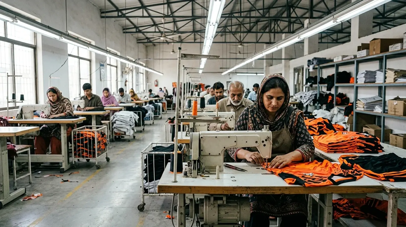 Rows of sewing machines on a bright stitching floor