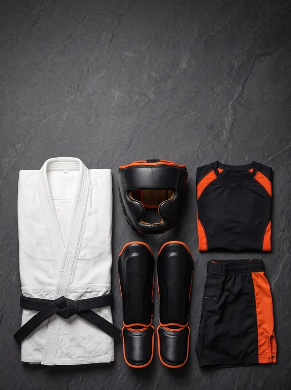 Head guard, shin guards, rash guard, MMA shorts and a gi