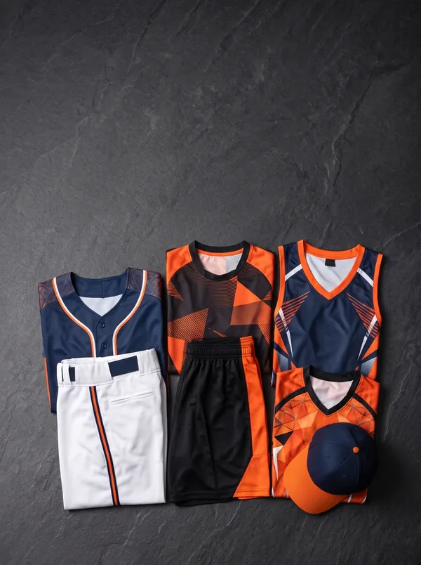 Folded baseball, soccer, basketball and volleyball uniforms