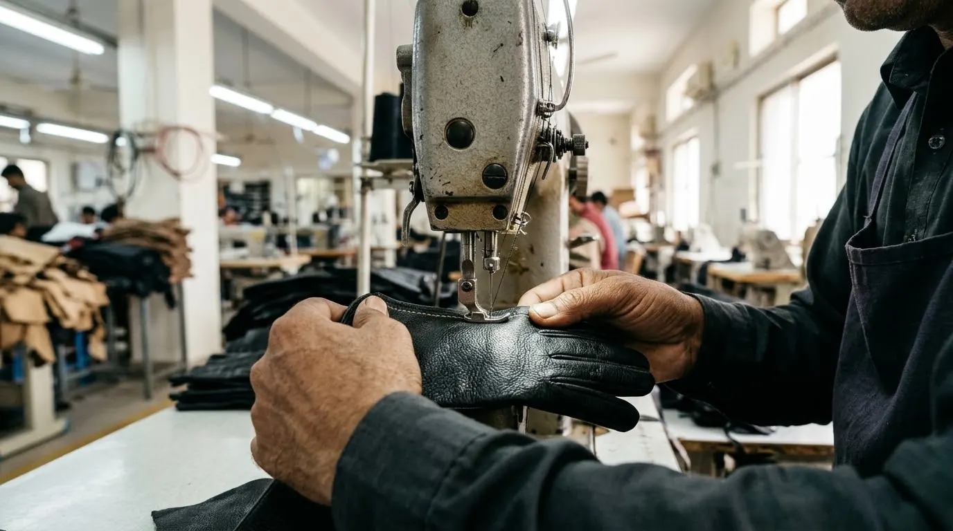 Leather guided through an industrial sewing machine