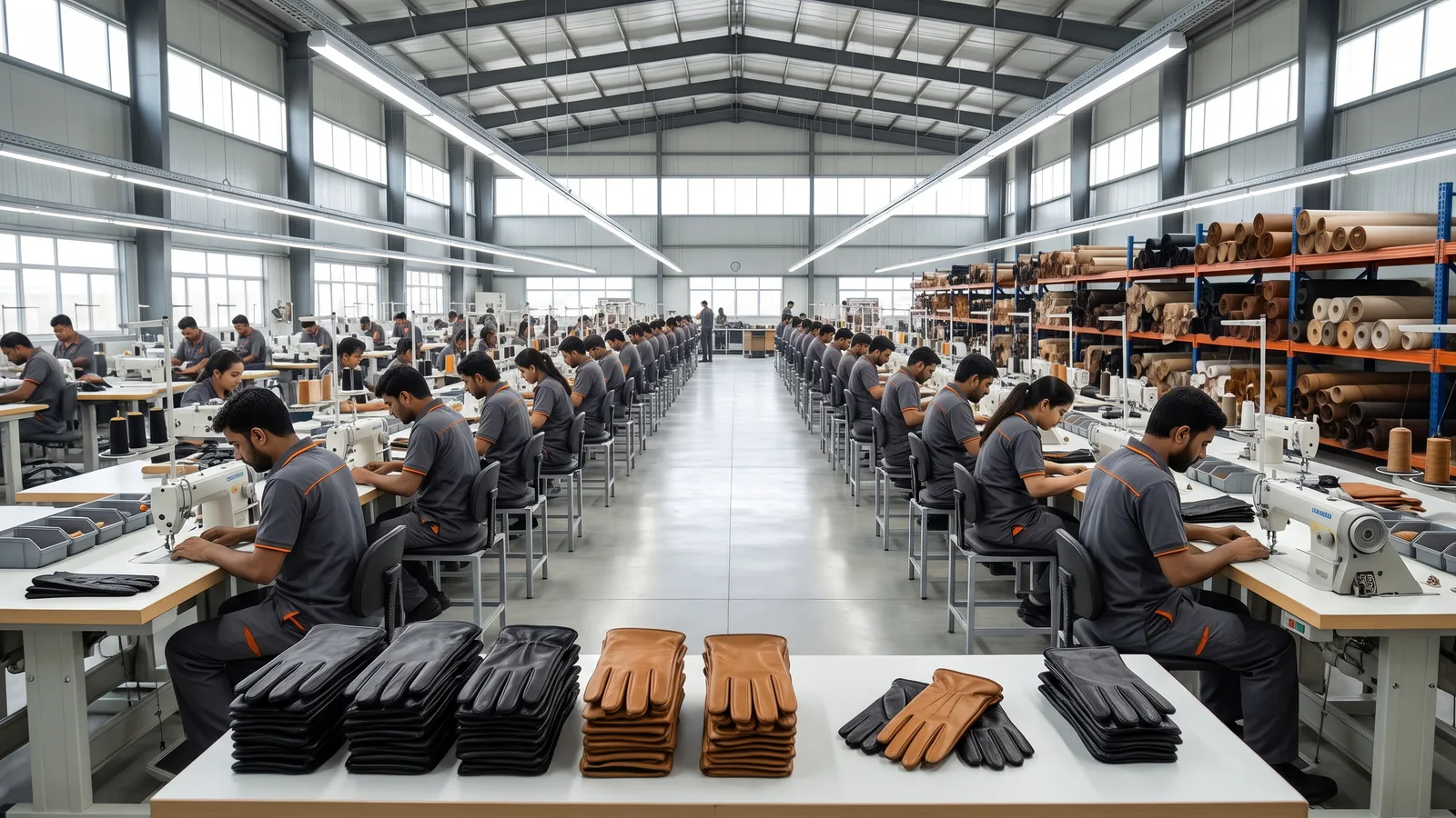 Finished leather gloves sorted on a table at the front of a bright glove production floor