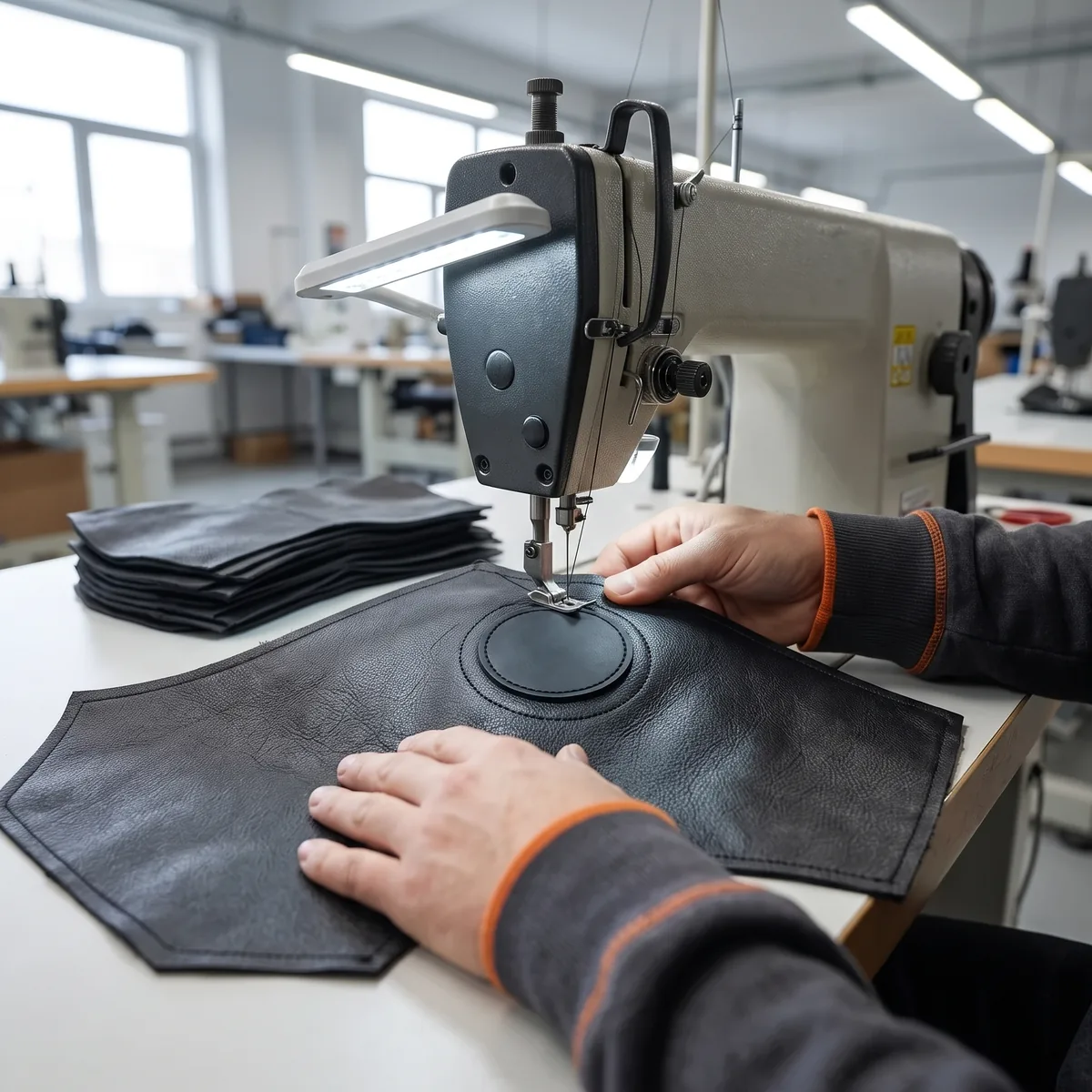 Sewing a black rubber patch onto a flat, unsewn black leather sleeve panel