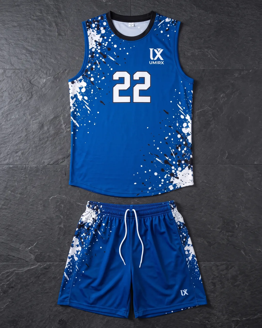 Blue sublimated volleyball jersey with number 22
