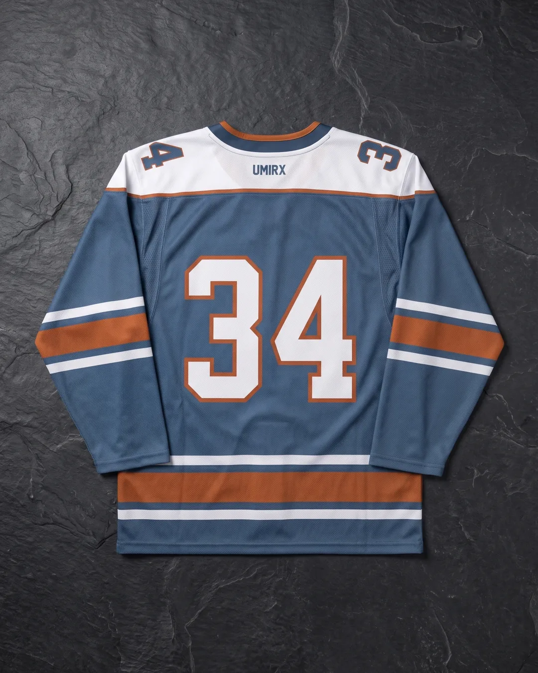 Blue and orange ice hockey jersey