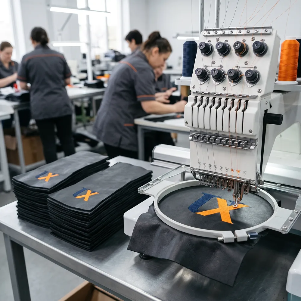 Embroidery machine stitching an orange logo onto a flat panel