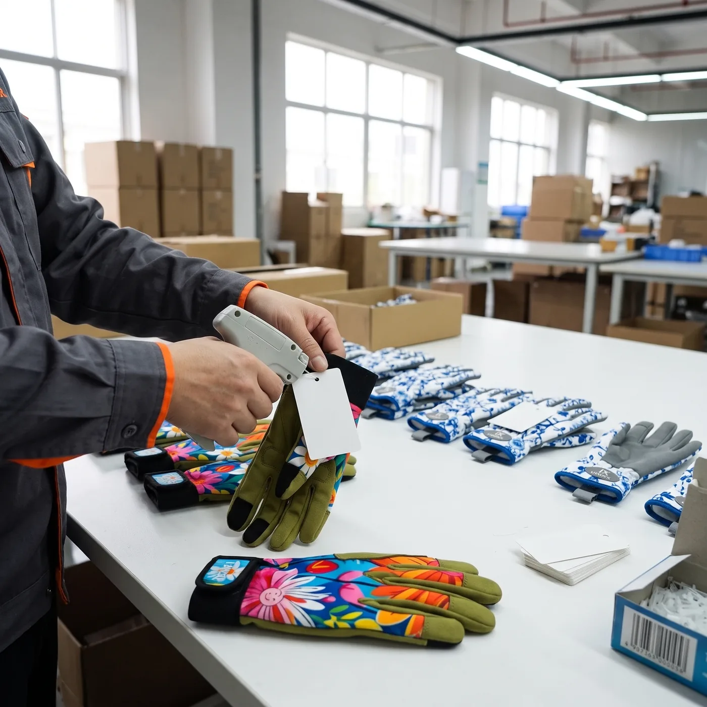 Worker attaching blank hang tags to pairs of gardening gloves