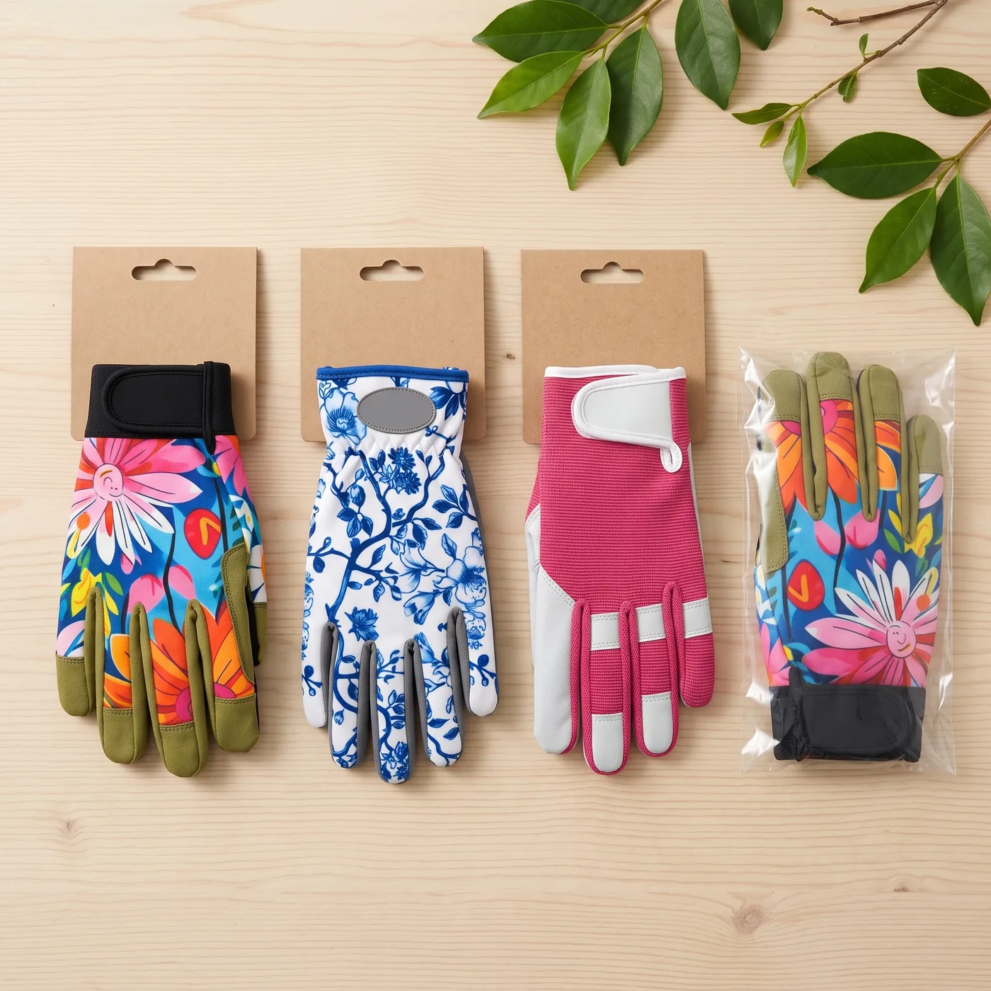 Floral gardening gloves on blank kraft header cards and in a clear polybag