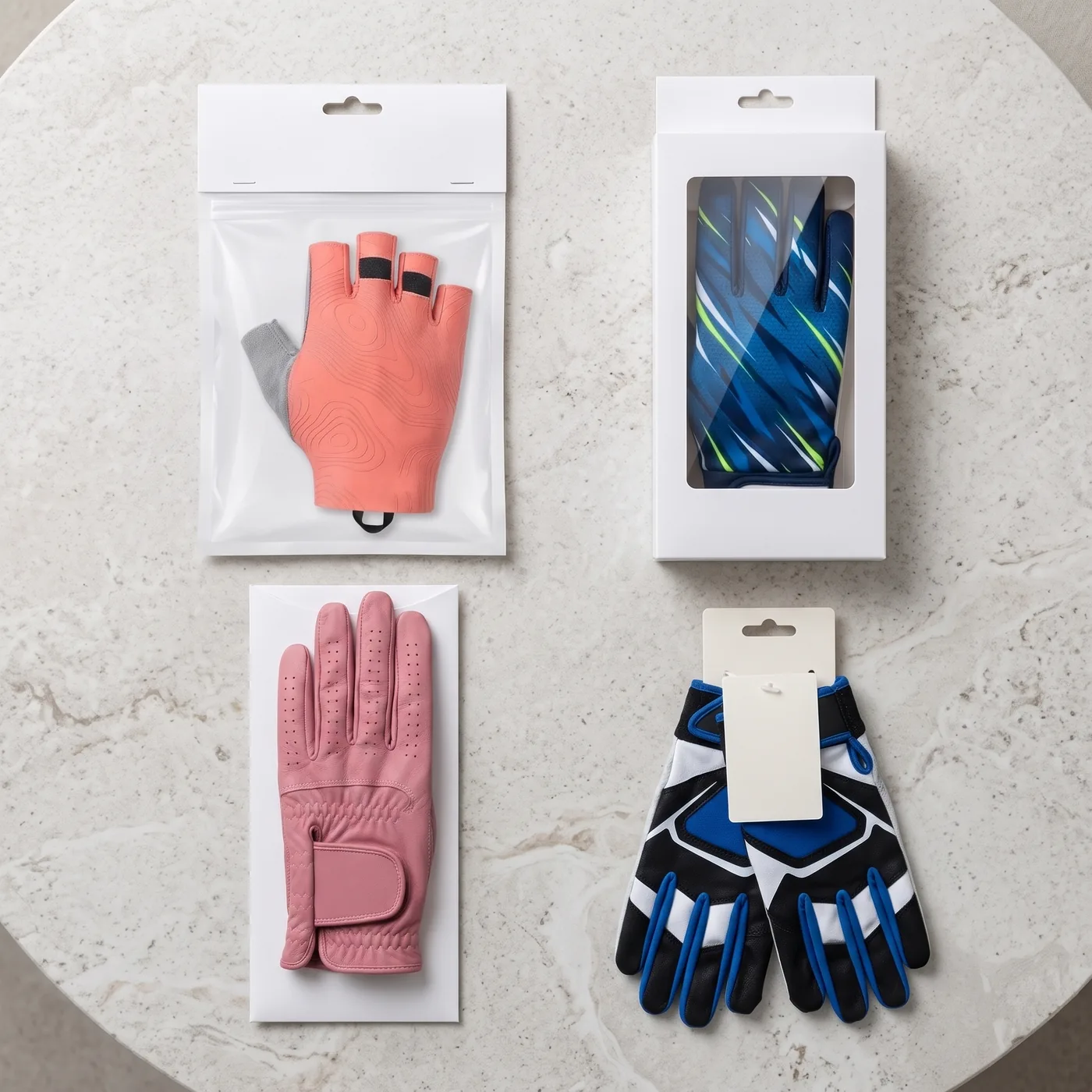 Cycling, football, golf and batting gloves in plain retail packs