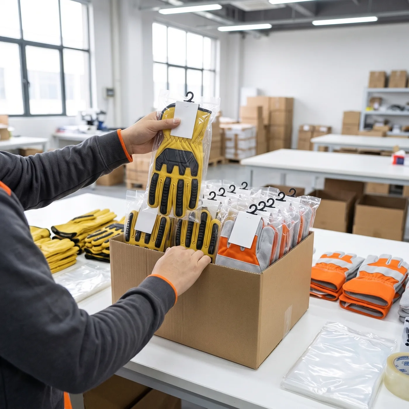 Work and rigger glove pairs with hang tags packed in polybags into an export carton