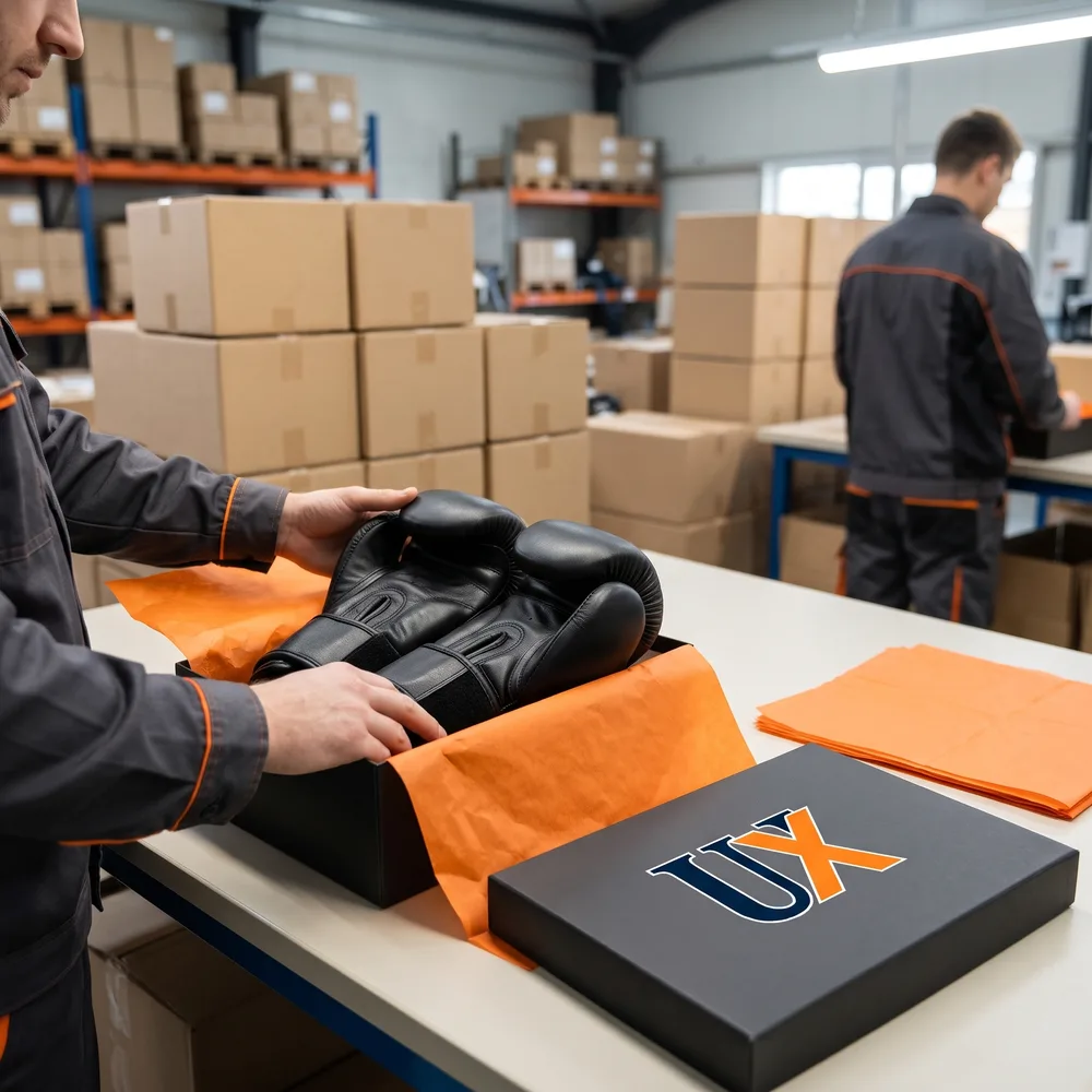 Packing boxing gloves into a branded gift box