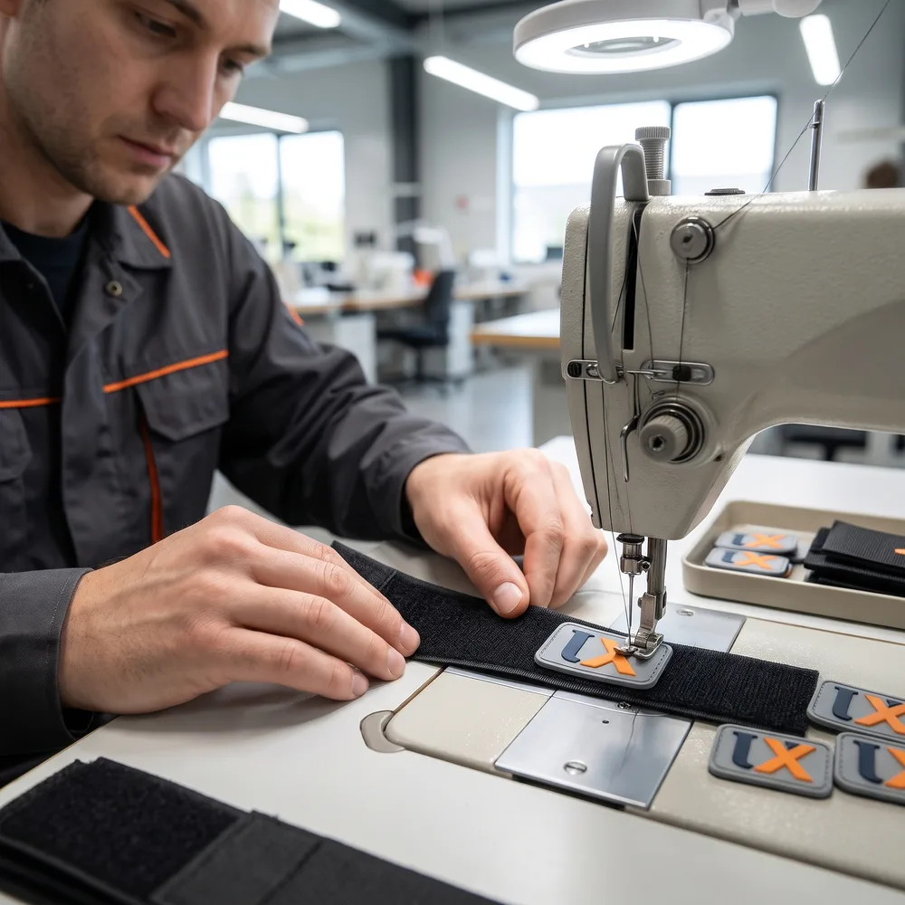 Worker sewing a rubber logo patch onto a flat strap panel
