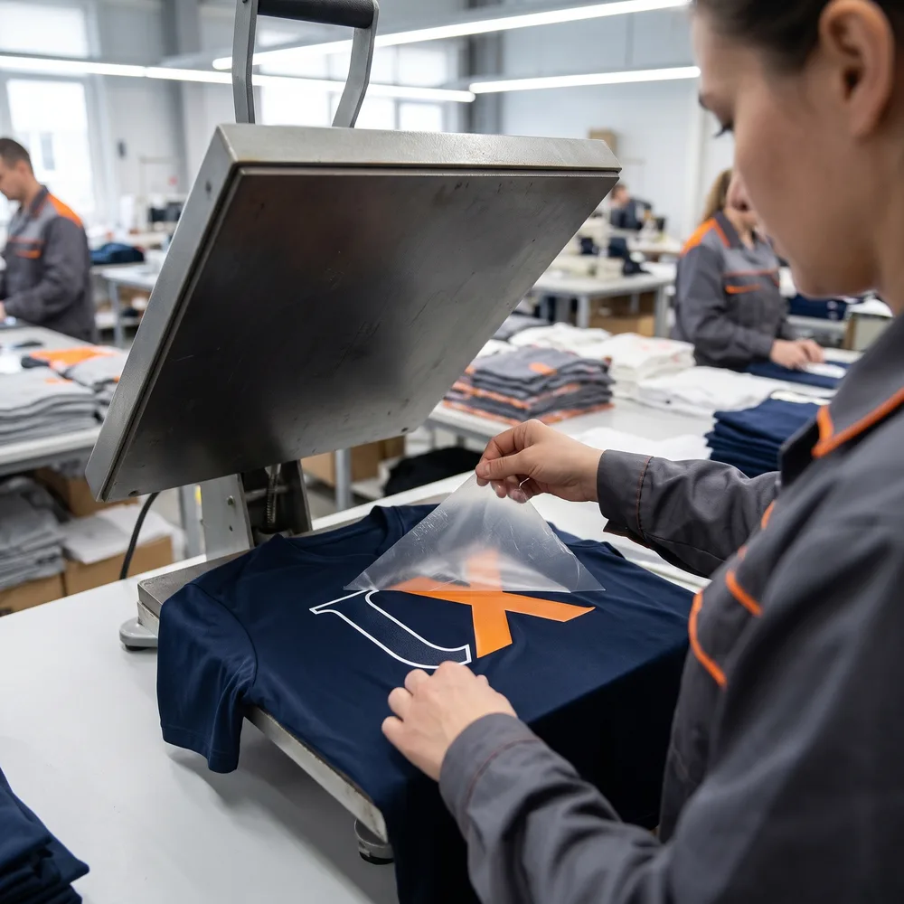 Worker heat-pressing a logo onto a fabric panel